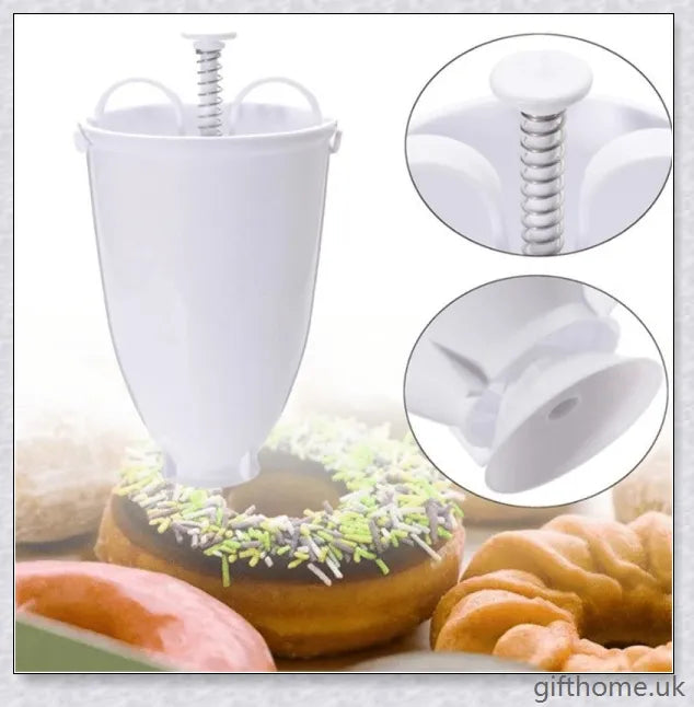 A white and stainless steel donut maker that can create full-size or mini donuts with ease