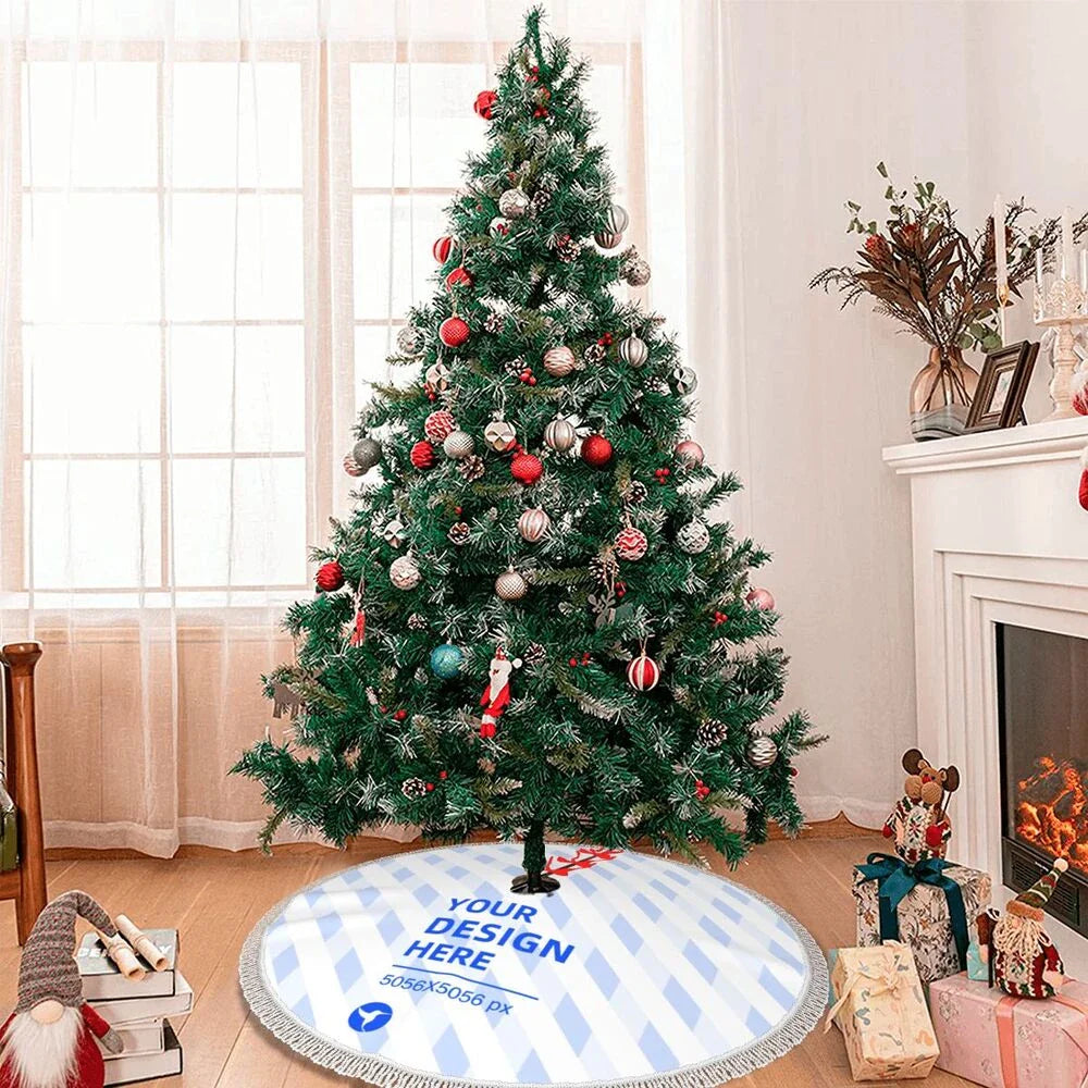 Fringed Edge Christmas Tree Padded Apron in Black, featuring a plush, cushioned lining and three rope ties for easy installation around a Christmas tree.