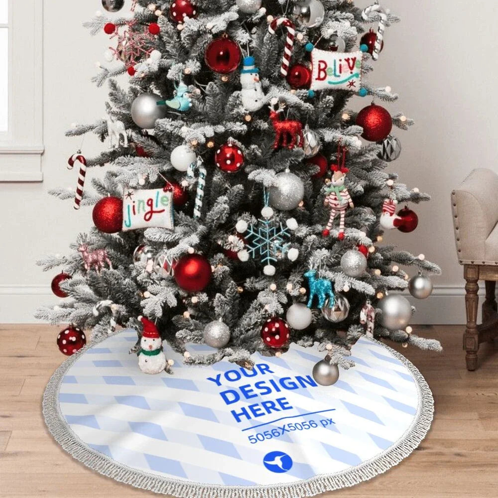 Fringed Edge Christmas Tree Padded Apron in Black, featuring a plush, cushioned lining and three rope ties for easy installation around a Christmas tree.
