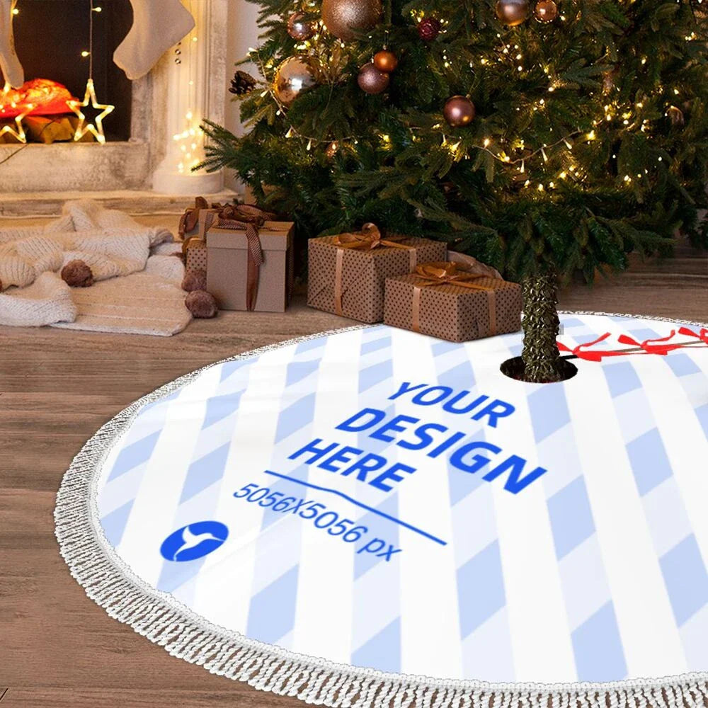 Fringed Edge Christmas Tree Padded Apron in Black, featuring a plush, cushioned lining and three rope ties for easy installation around a Christmas tree.