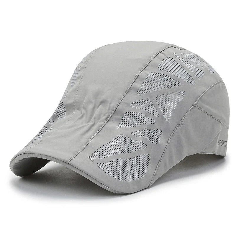 Breathable Mesh Summer Beret Cap in grey colour, featuring a wide brim and ventilated design for comfort and sun protection during outdoor activities.