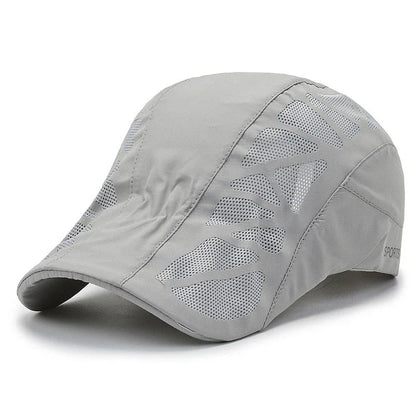 Breathable Mesh Summer Beret Cap in grey colour, featuring a wide brim and ventilated design for comfort and sun protection during outdoor activities.