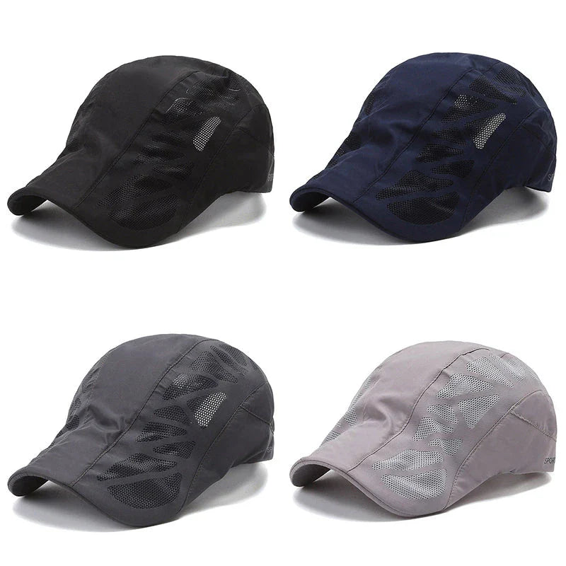 Breathable Mesh Summer Beret Cap in grey colour, featuring a wide brim and ventilated design for comfort and sun protection during outdoor activities.