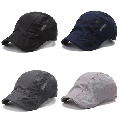 Breathable Mesh Summer Beret Cap in grey colour, featuring a wide brim and ventilated design for comfort and sun protection during outdoor activities.