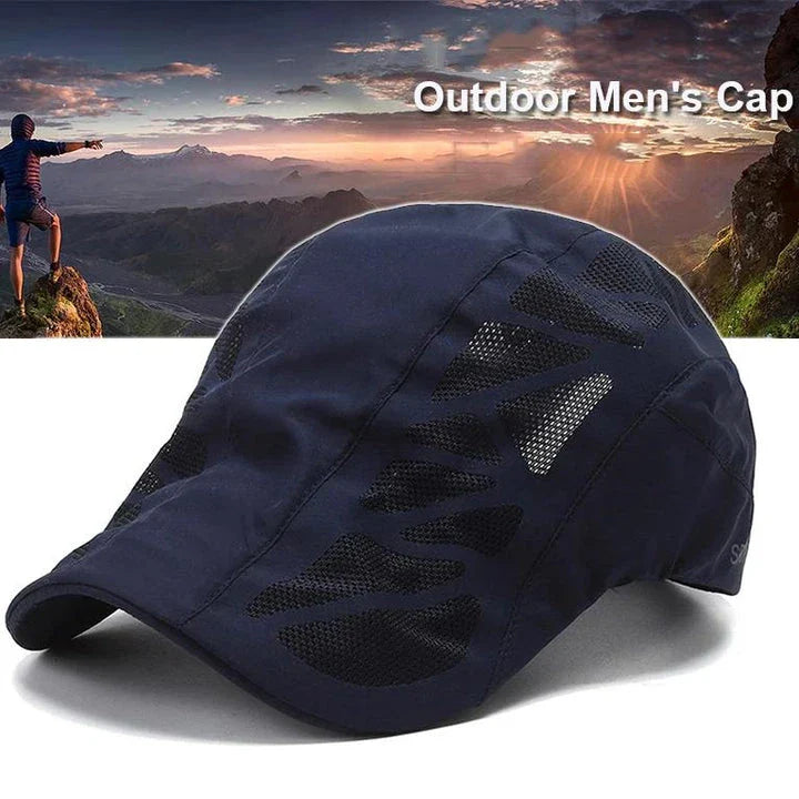 Breathable Mesh Summer Beret Cap in grey colour, featuring a wide brim and ventilated design for comfort and sun protection during outdoor activities.