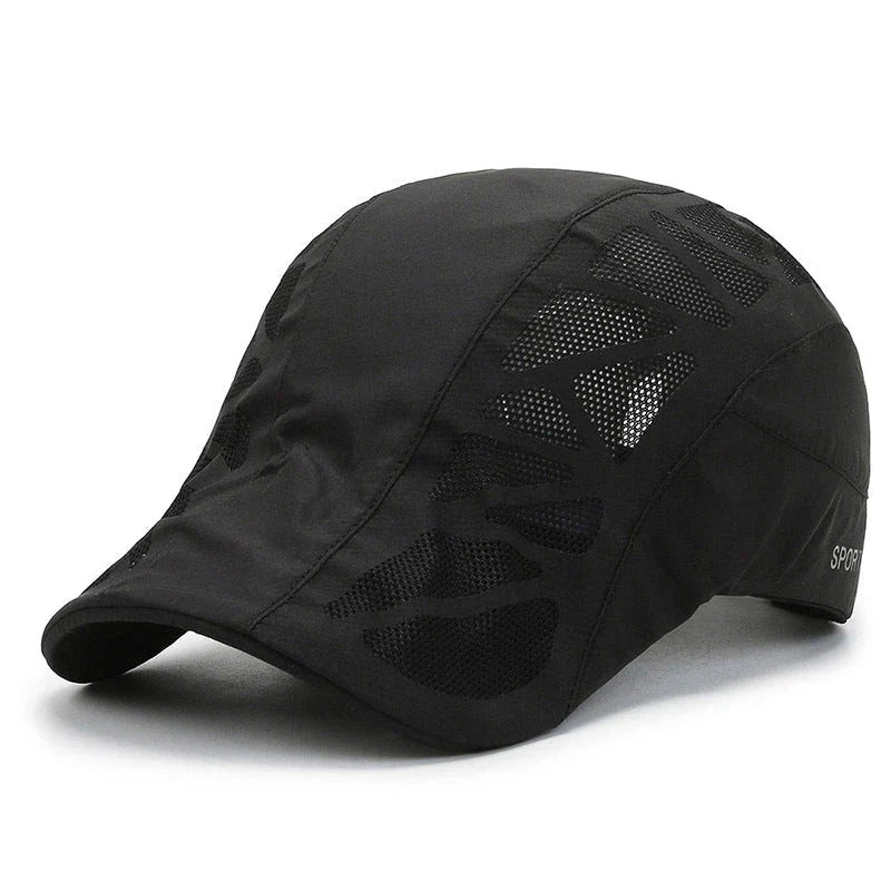 Breathable Mesh Summer Beret Cap in grey colour, featuring a wide brim and ventilated design for comfort and sun protection during outdoor activities.