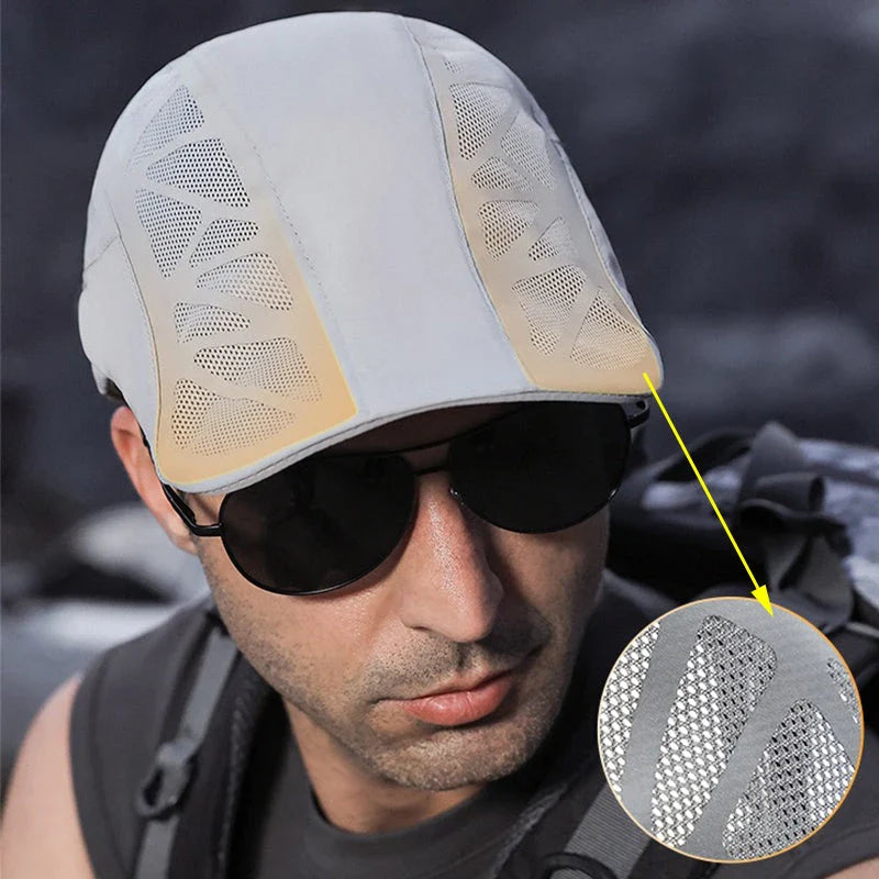 Breathable Mesh Summer Beret Cap in grey colour, featuring a wide brim and ventilated design for comfort and sun protection during outdoor activities.
