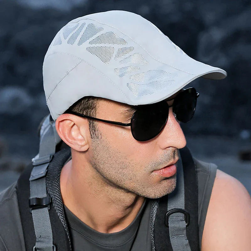 Breathable Mesh Summer Beret Cap in grey colour, featuring a wide brim and ventilated design for comfort and sun protection during outdoor activities.