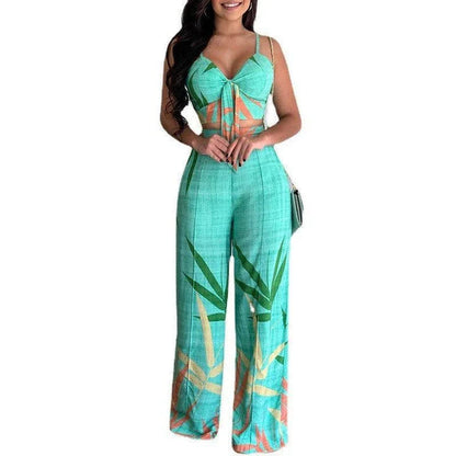 Linen two-piece set with v-neck vest and wide-leg printed trousers in various colours