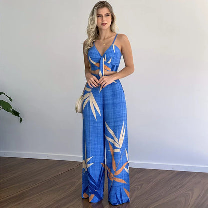 Linen two-piece set with v-neck vest and wide-leg printed trousers in various colours