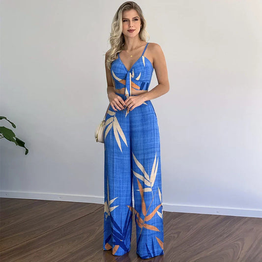 Linen two-piece set with v-neck vest and wide-leg printed trousers in various colours