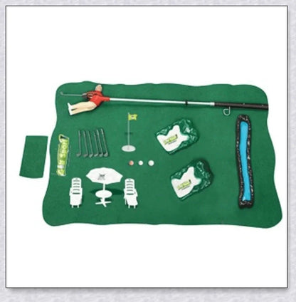 Mini golf game with interchangeable clubs, putting green, and course obstacles for indoor golf practice and entertainment