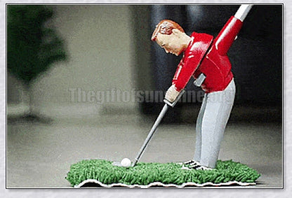 Mini golf game with interchangeable clubs, putting green, and course obstacles for indoor golf practice and entertainment