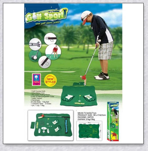 Mini golf game with interchangeable clubs, putting green, and course obstacles for indoor golf practice and entertainment