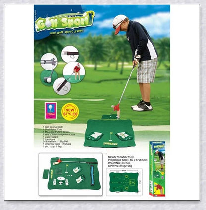 Mini golf game with interchangeable clubs, putting green, and course obstacles for indoor golf practice and entertainment