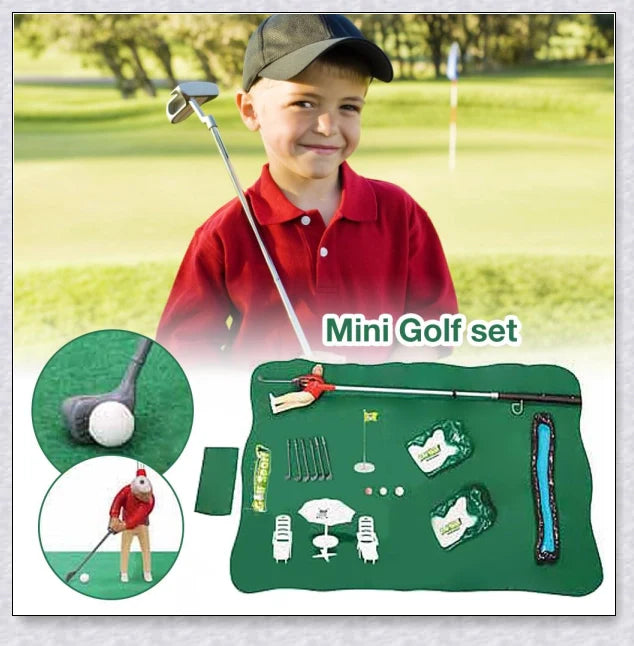 Mini golf game with interchangeable clubs, putting green, and course obstacles for indoor golf practice and entertainment