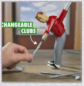 Mini golf game with interchangeable clubs, putting green, and course obstacles for indoor golf practice and entertainment