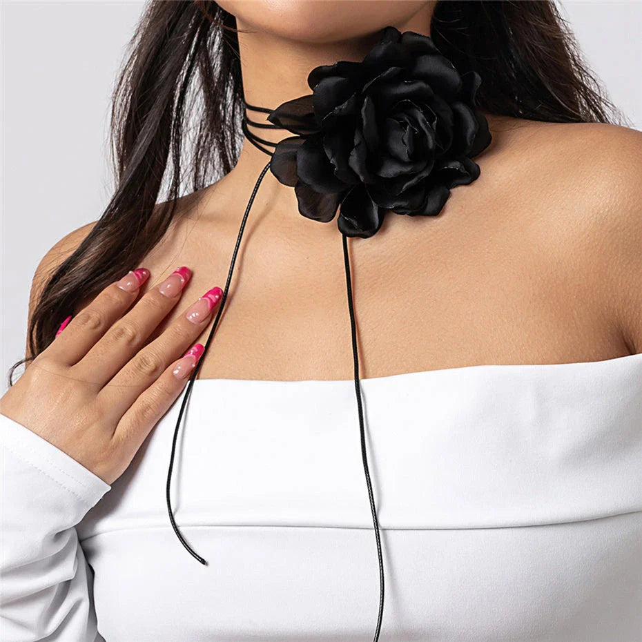 Exaggerated big rose flower choker necklace in black, red, blue, white, and purple colours