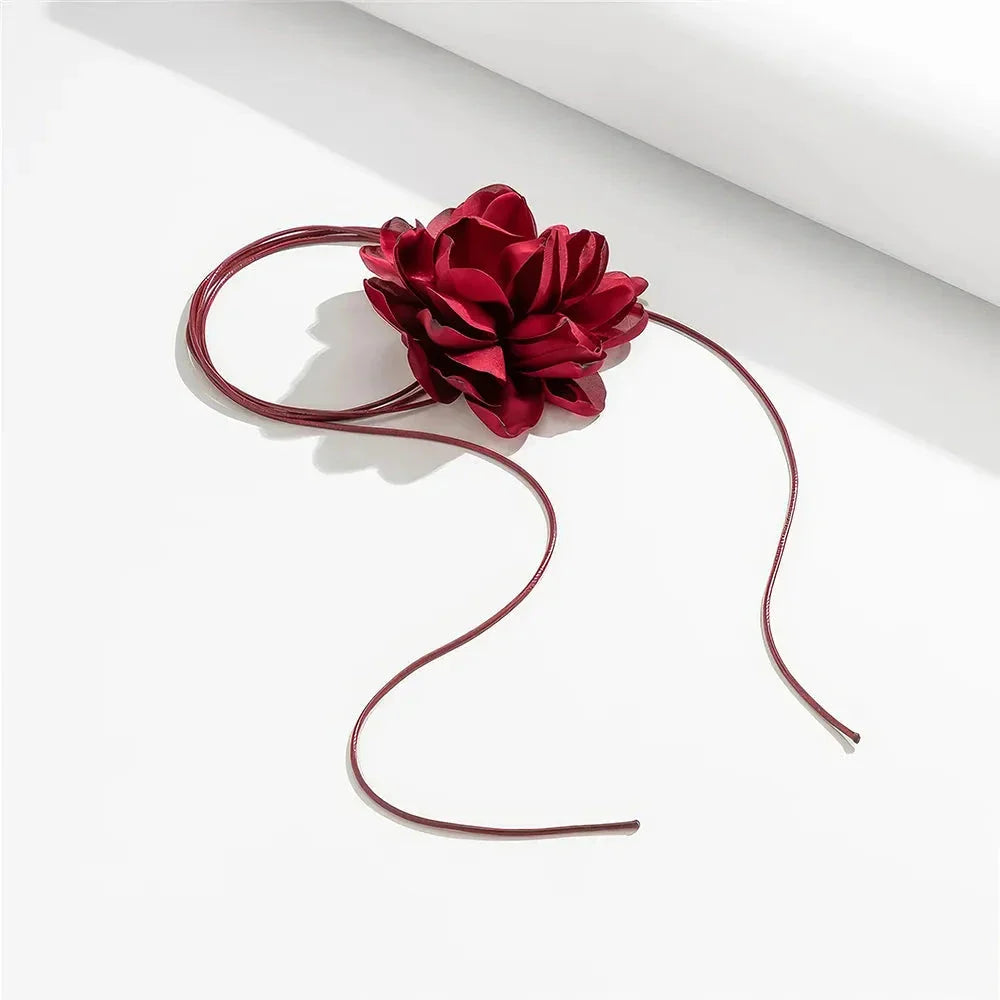Exaggerated big rose flower choker necklace in black, red, blue, white, and purple colours