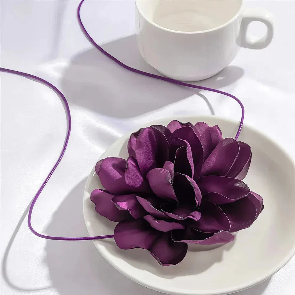 Exaggerated big rose flower choker necklace in black, red, blue, white, and purple colours