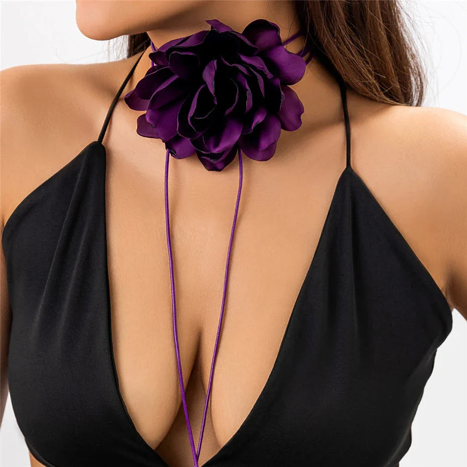 Exaggerated big rose flower choker necklace in black, red, blue, white, and purple colours