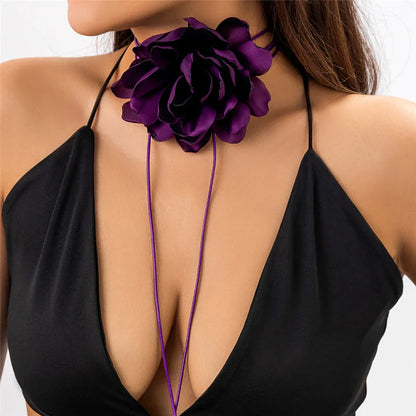 Exaggerated big rose flower choker necklace in black, red, blue, white, and purple colours