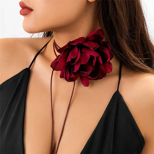 Exaggerated big rose flower choker necklace in black, red, blue, white, and purple colours