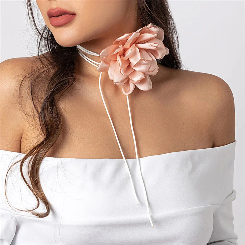 Exaggerated big rose flower choker necklace in black, red, blue, white, and purple colours