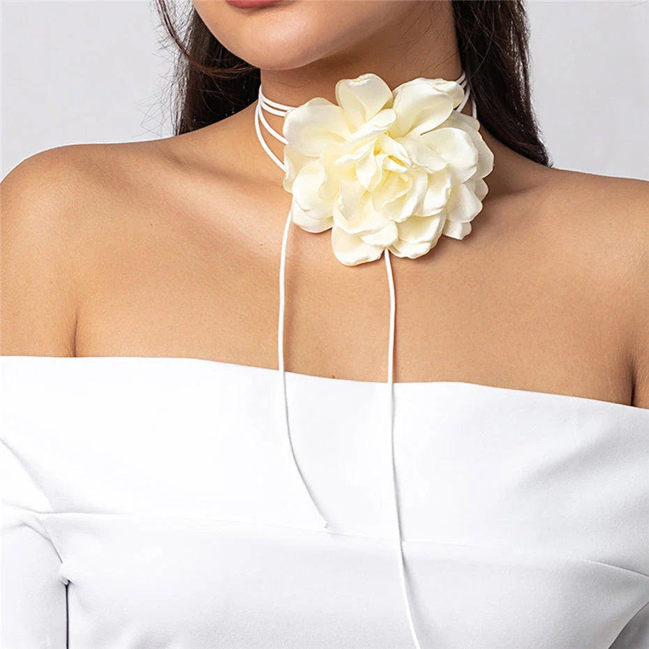 Exaggerated big rose flower choker necklace in black, red, blue, white, and purple colours