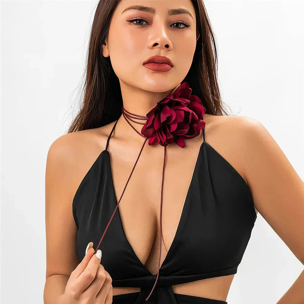 Exaggerated big rose flower choker necklace in black, red, blue, white, and purple colours