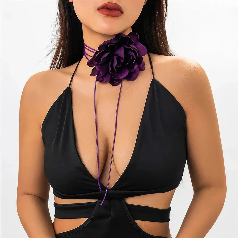 Exaggerated big rose flower choker necklace in black, red, blue, white, and purple colours