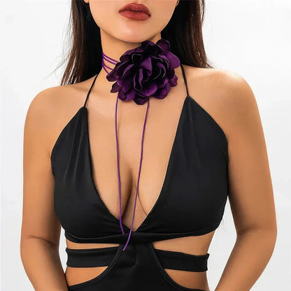 Exaggerated big rose flower choker necklace in black, red, blue, white, and purple colours