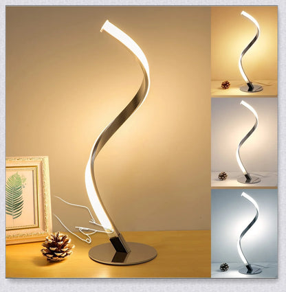 Stylish modern spiral table lamp with adjustable brightness and three colour modes