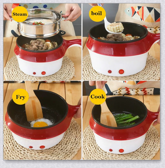 A multi-function electric cooking pot with a non-stick base, allowing for a variety of cooking tasks such as boiling, frying, and simmering.
