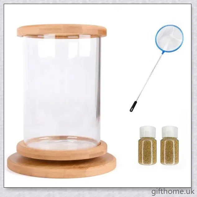 Glass Betta Fish Tank with Bamboo Base, a unique and visually striking aquarium that showcases your betta fish in a 360-degree rotating design.