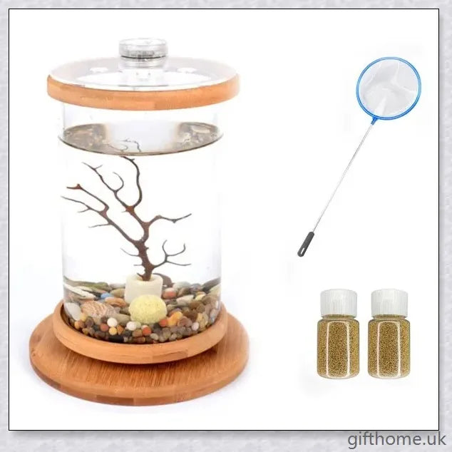Glass Betta Fish Tank with Bamboo Base, a unique and visually striking aquarium that showcases your betta fish in a 360-degree rotating design.