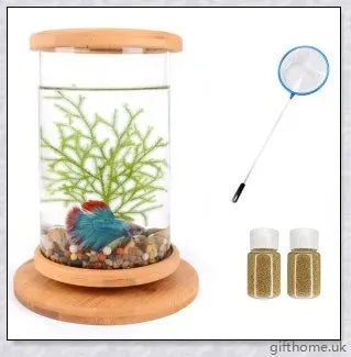 Glass Betta Fish Tank with Bamboo Base, a unique and visually striking aquarium that showcases your betta fish in a 360-degree rotating design.