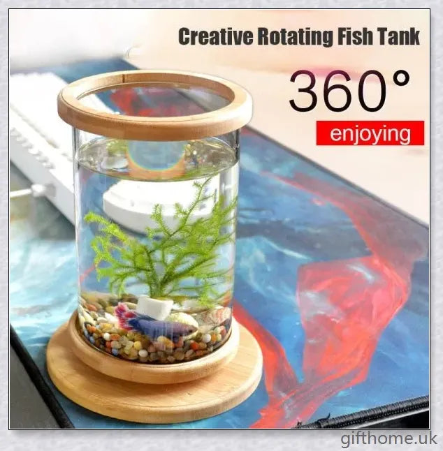 Glass Betta Fish Tank with Bamboo Base, a unique and visually striking aquarium that showcases your betta fish in a 360-degree rotating design.