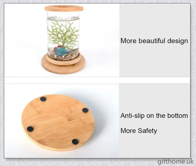 Glass Betta Fish Tank with Bamboo Base, a unique and visually striking aquarium that showcases your betta fish in a 360-degree rotating design.
