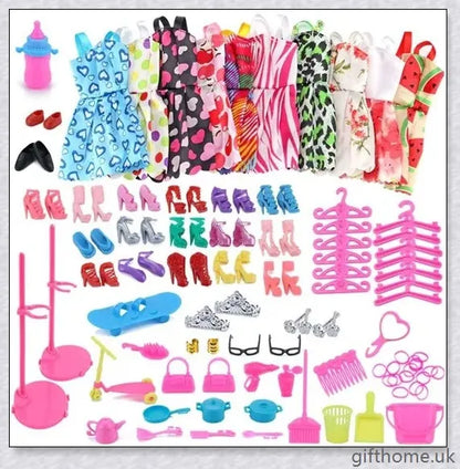 An assortment of 85 Barbie doll accessories including dresses, shoes, jewellery, and other fashion items