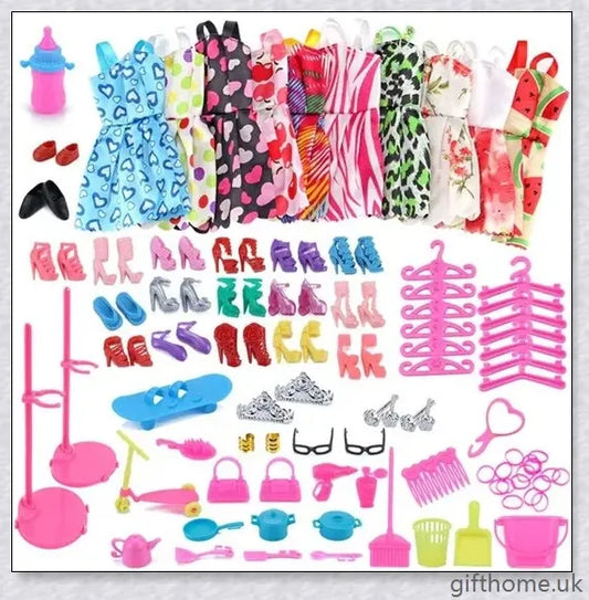 An assortment of 85 Barbie doll accessories including dresses, shoes, jewellery, and other fashion items