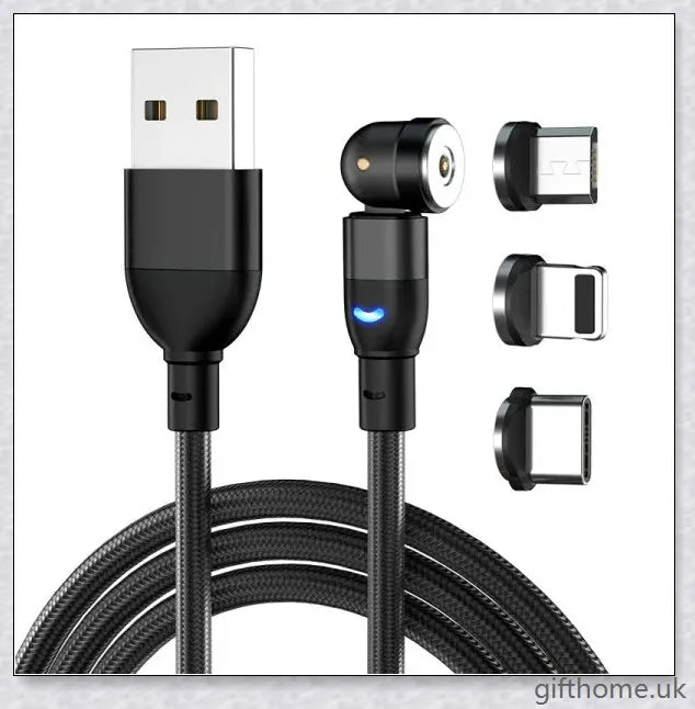 Premium 540 degree blind suction round magnetic charging cable in black, red, and purple colours