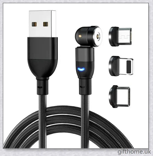 Premium 540 degree blind suction round magnetic charging cable in black, red, and purple colours
