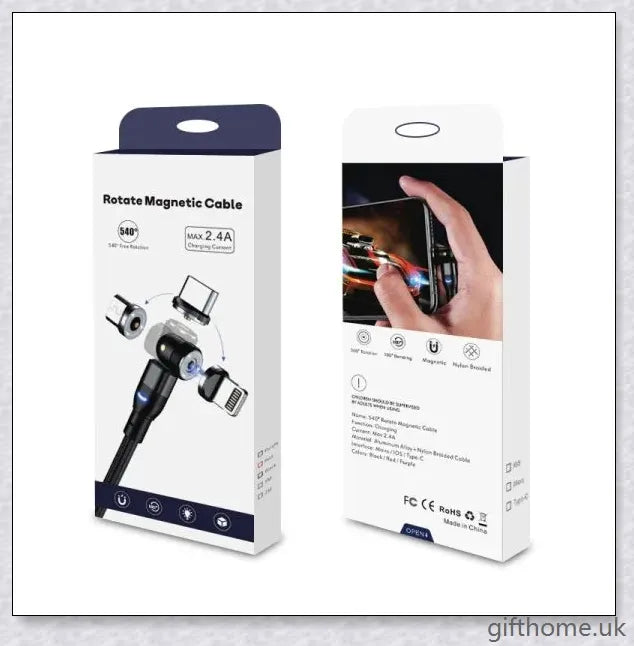 Premium 540 degree blind suction round magnetic charging cable in black, red, and purple colours