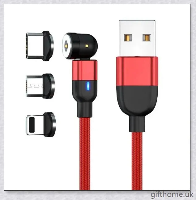 Premium 540 degree blind suction round magnetic charging cable in black, red, and purple colours