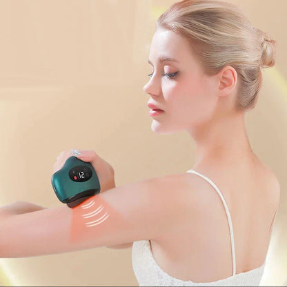Electric Gua Sha Facial Massager with vibration, red light therapy, and heating features for skin rejuvenation and muscle relaxation.