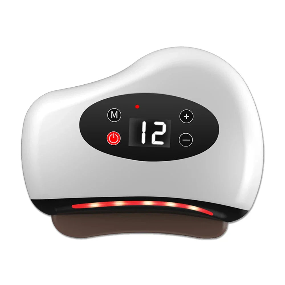 Electric Gua Sha Facial Massager with vibration, red light therapy, and heating features for skin rejuvenation and muscle relaxation.
