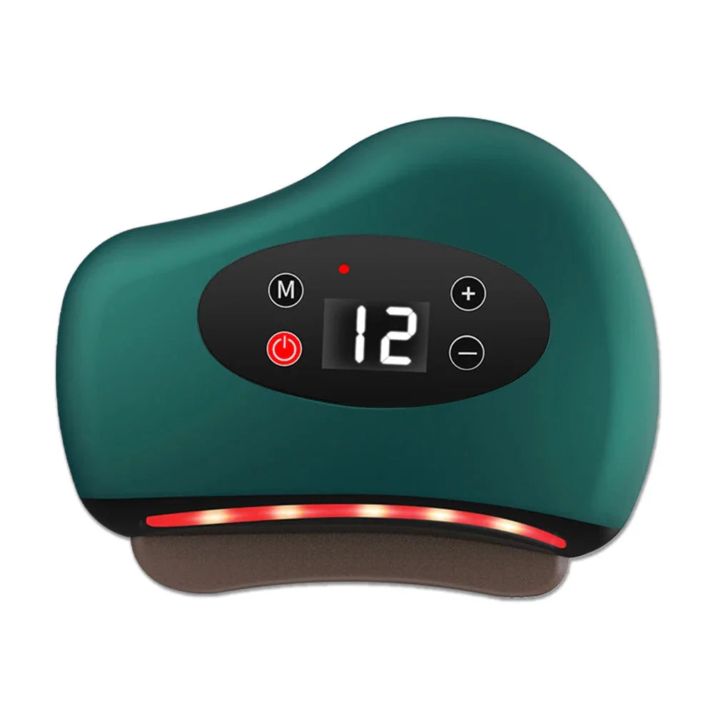 Electric Gua Sha Facial Massager with vibration, red light therapy, and heating features for skin rejuvenation and muscle relaxation.