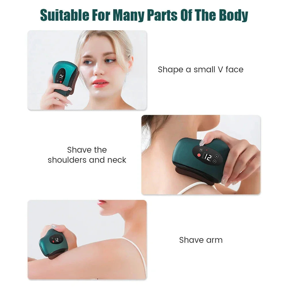 Electric Gua Sha Facial Massager with vibration, red light therapy, and heating features for skin rejuvenation and muscle relaxation.