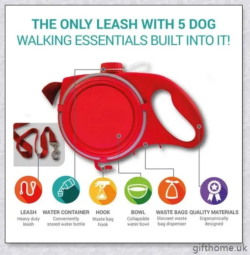 Essential Leash - Multi-Functional Dog Leash with Built-In Water Bottle, Bowl, and Waste Bag Dispenser